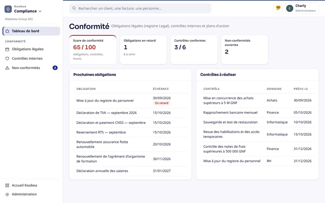 Aperçu de Koobea Compliance : Obligations, contrôles, non-conformités