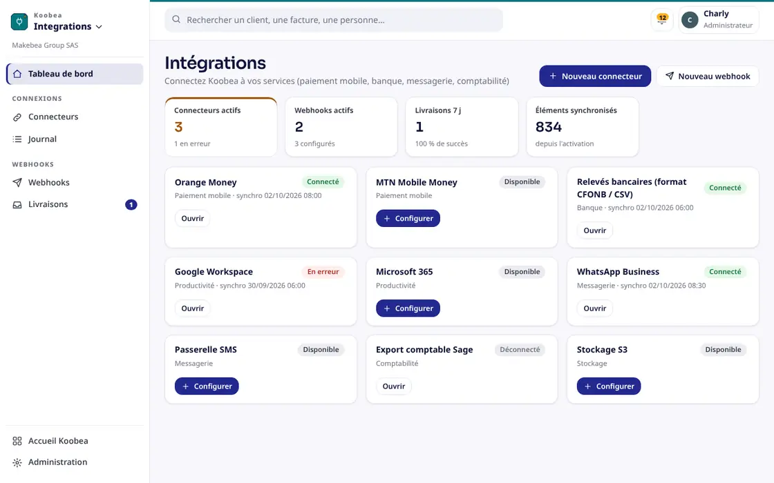 Aperçu de Koobea Integrations : Connecteurs, webhooks
